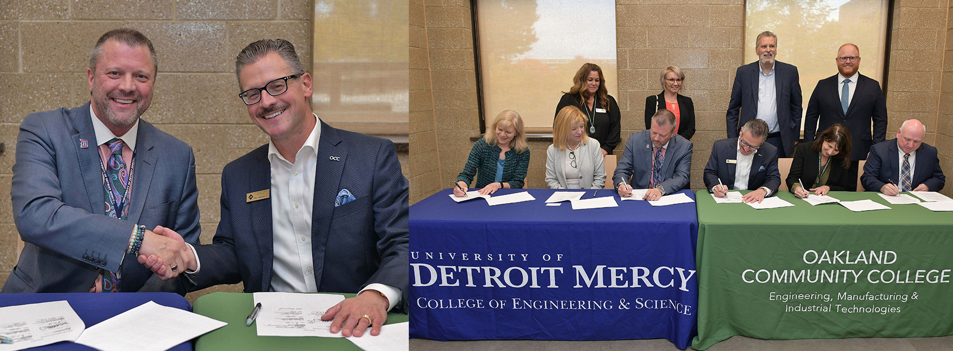 At left, two people sitting at a table shake hands and smile for a photo indoors. At right, six people sit at a table and sign papers, with four more standing behind them indoors. Banners in front of them read University of ɫۺϾþ Mercy College of Engineering & Science and Oakland Community College, Engineering, Manufacturing & Industrial Technologies.