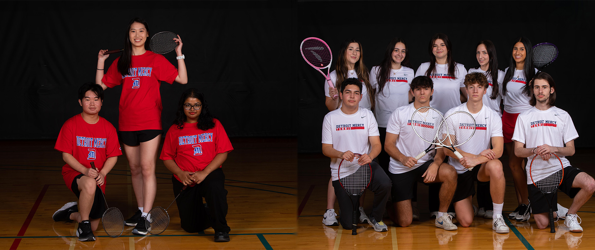 Members of the badminton and tennis club teams at University of ɫۺϾþ Mercy hold their rackets as they pose for team photos inside a darkened Student Fitness Center.