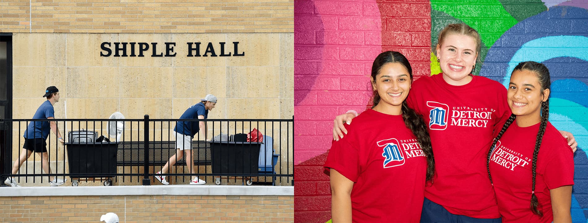 Two photos of students outdoors, on the left two students push carts past the Shiple Hall sign and on the right, three students wearing red University of ɫۺϾþ Mercy t-shirts pose and smile in front of a colorful brick wall.