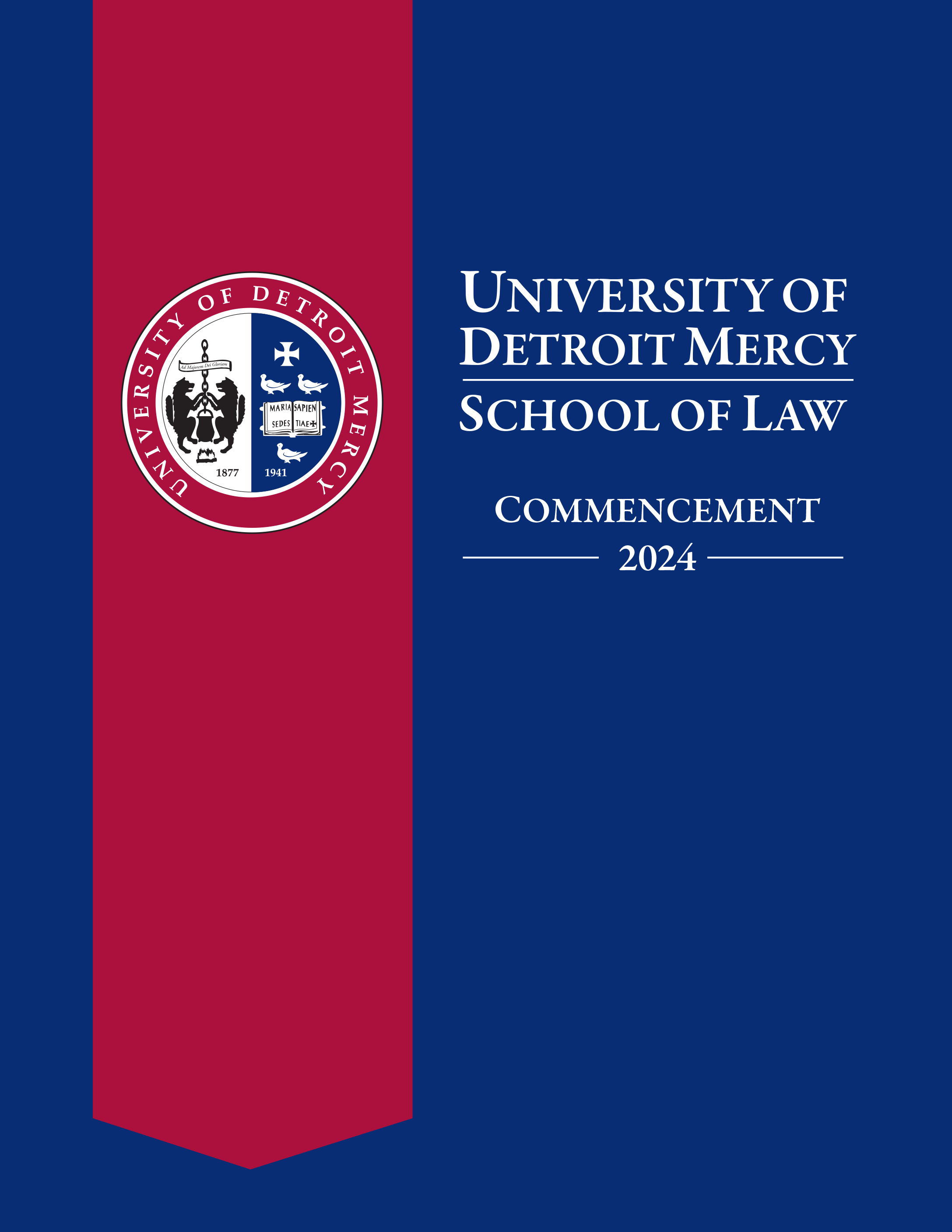 University of ɫۺϾþ Mercy Law 2024 Commencement program featuring the UDM crest on a red and blue cover.